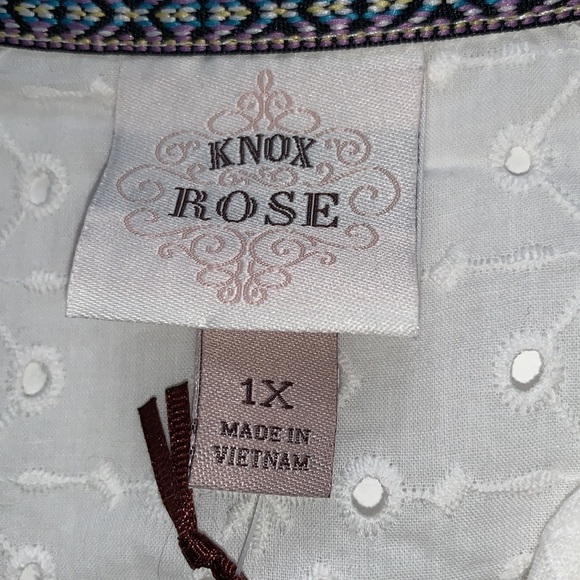 Knox Rose Plus Size Eyelet Textured Button Down Short Sleeve Blouse- White - Picture 5 of 13